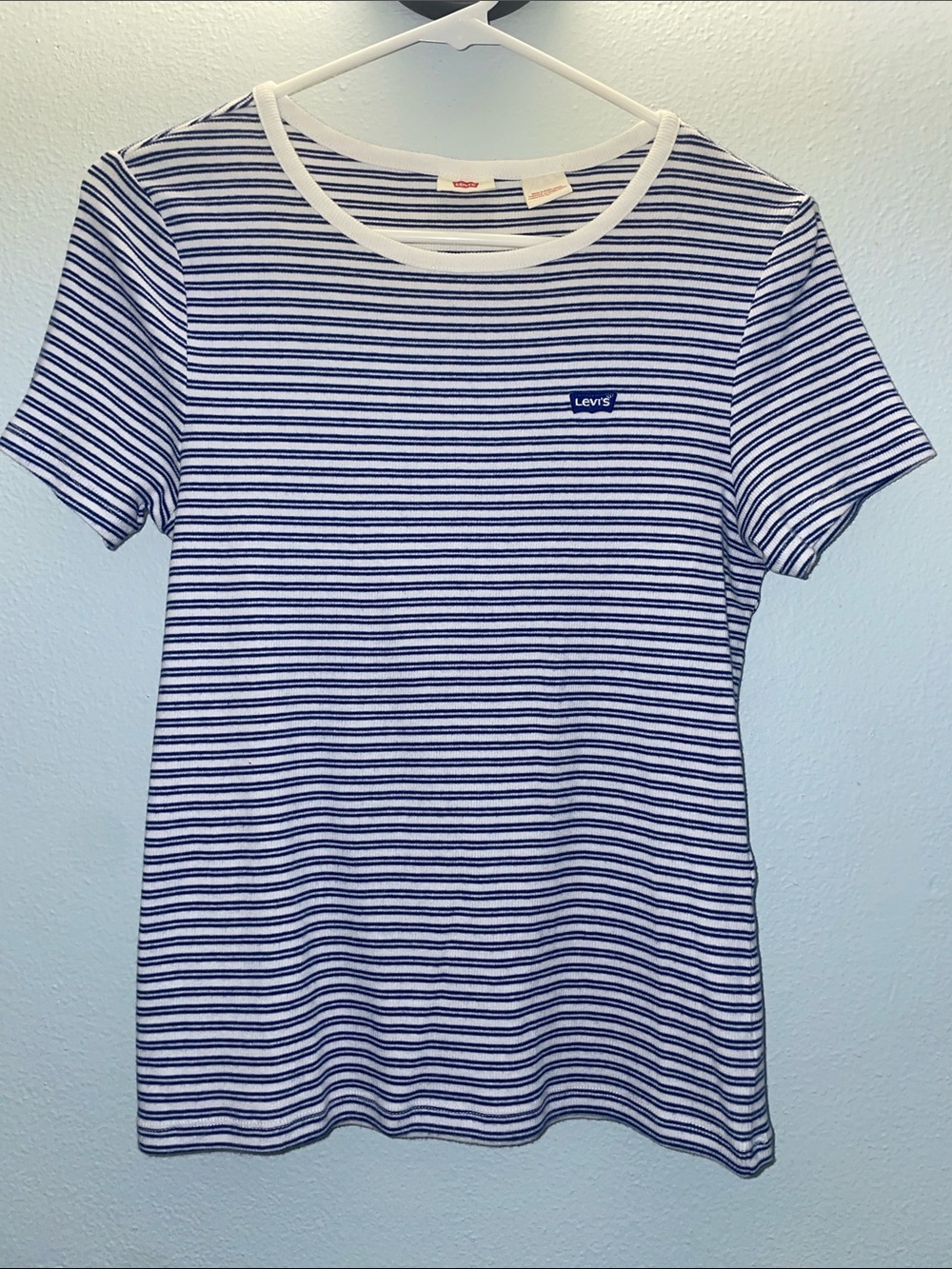 Levi's White and Navy Striped California Skater Crewneck Tee